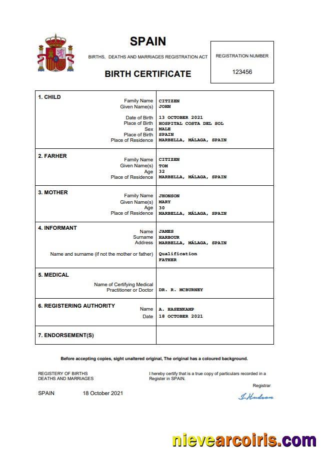 Spain birth certificate